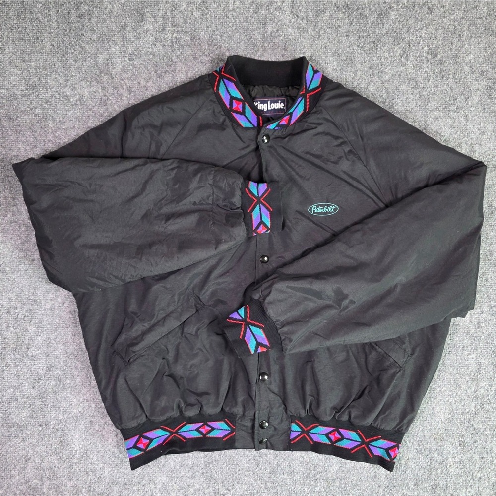 Vintage 90s King Louie Peterbilt Jacket XL Black Aztec Trim Quilted USA Trucker